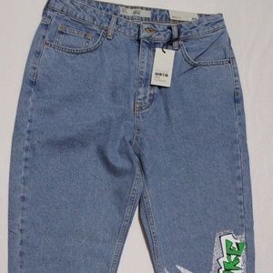 TOPSHOP HIGH WAISTED GLITTER GRAFFITI MOM JEANS